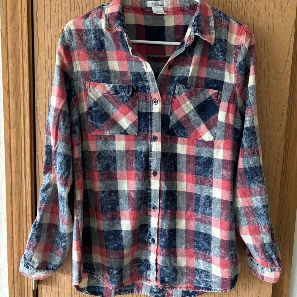 Distressed Plaid Button-Up Shirt